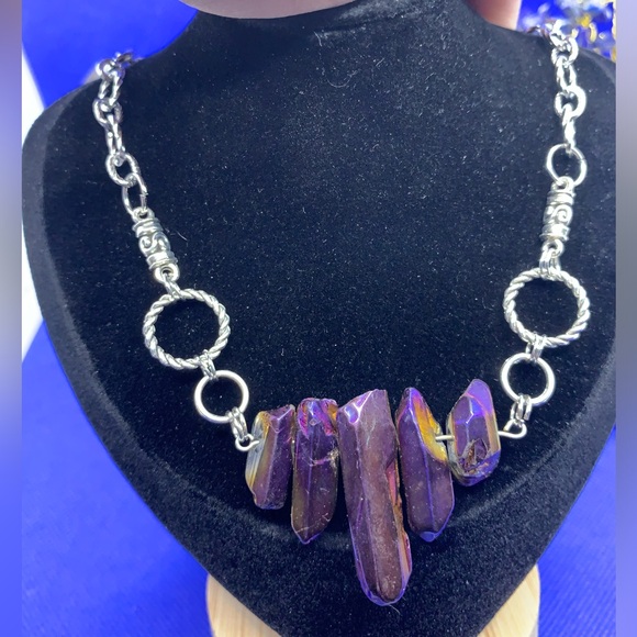 Purple & Gold Titanium Quartz Power Point Necklace 14” Clavicle Length, Handmade - Picture 7 of 11